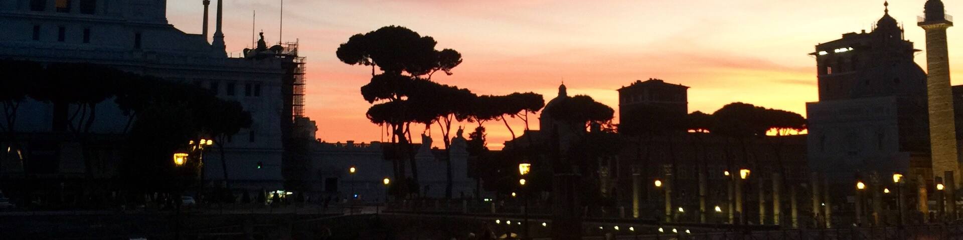 View from the forum of Augustus looking towards the Piazza Venezia, Rome at sunset