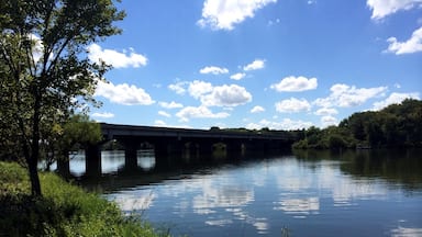 Highway bridge over the Cedar River. This park is an expanse of wildlife and nature within the Waterloo-Cedar Falls metro area.