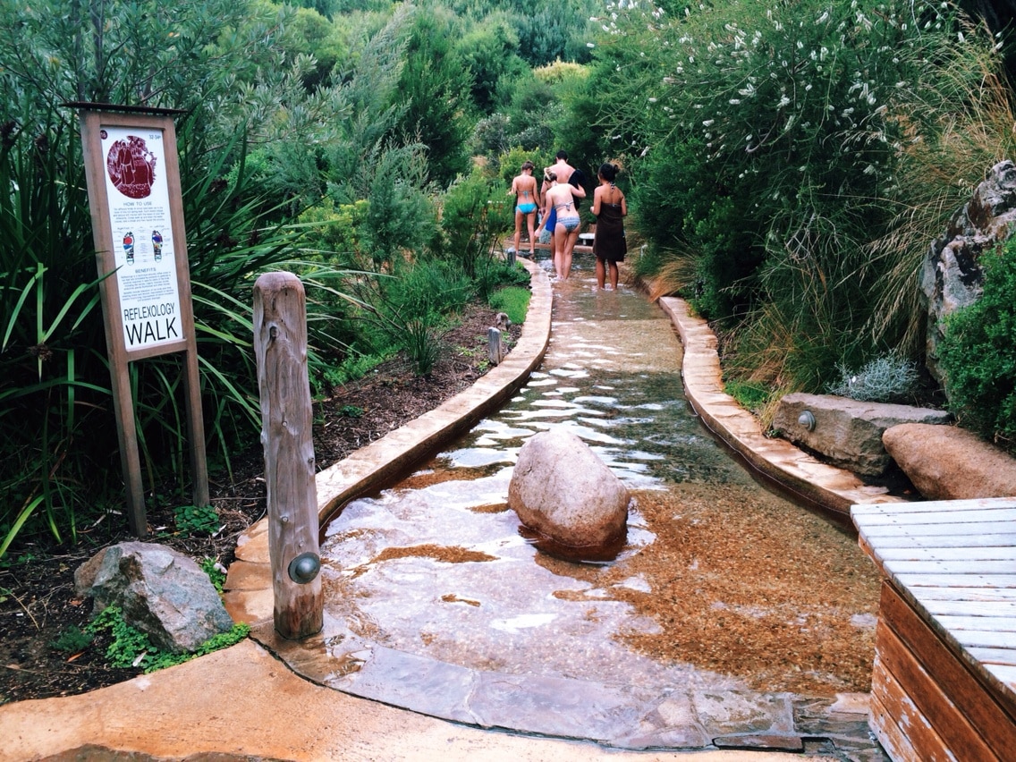 The reflexology walk. Multiple sections paved with various sizes of protruding stones. If you have sensitive soles, this might be a bit intense, but it's suppose to be very healthy for you. #spa #hotsprings