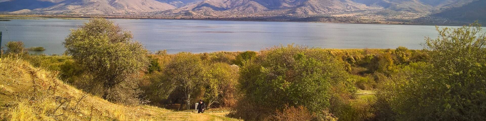 A view from Saint Achilles Island located in the Mala Prespa lake nearby the border of Greece, Macedonia and Albania