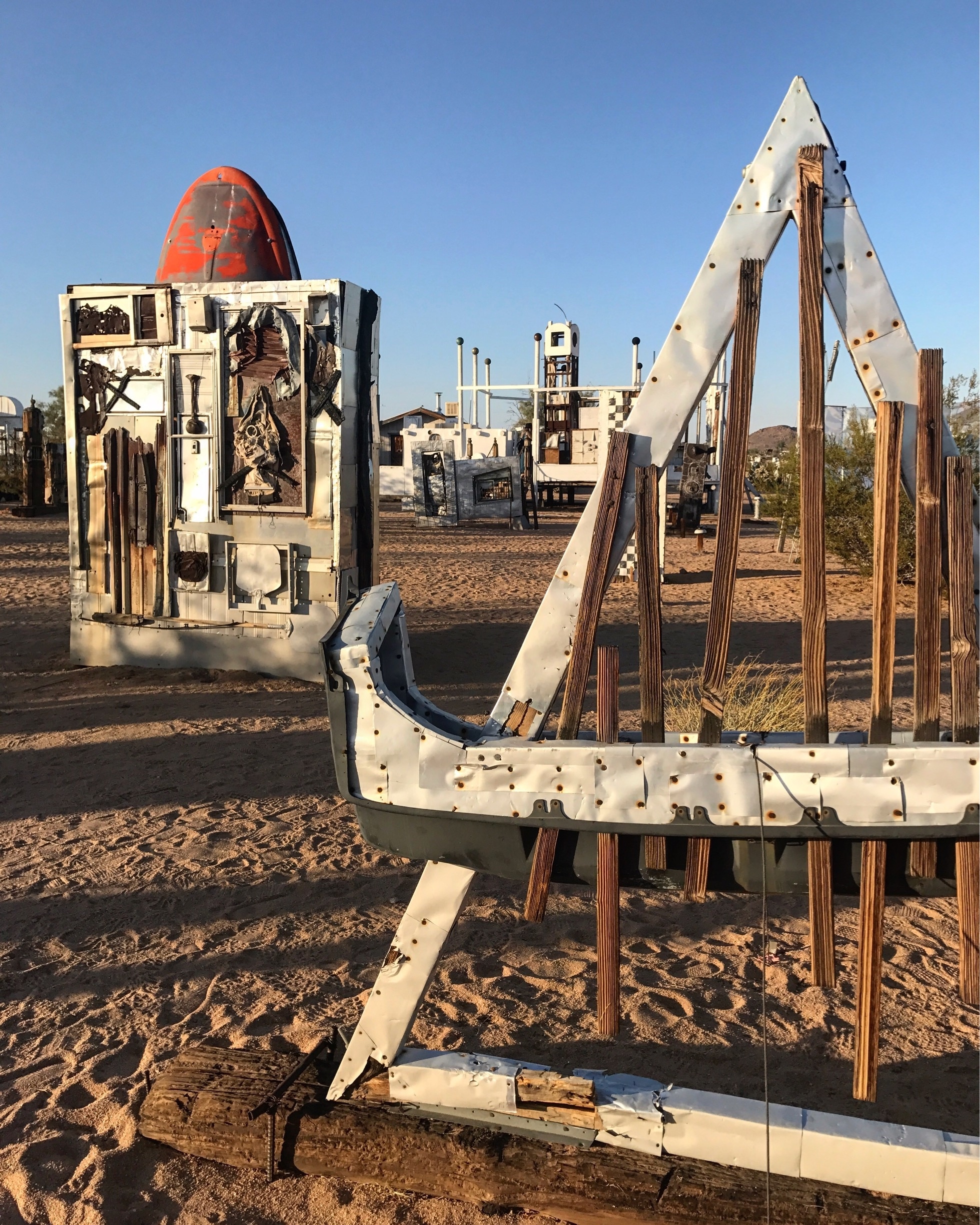 Junk turned to art on this desert lot, about 10 minutes or so from Joshua Tree Park. No entrance fees. Plenty of fun to explore. 
#Details 