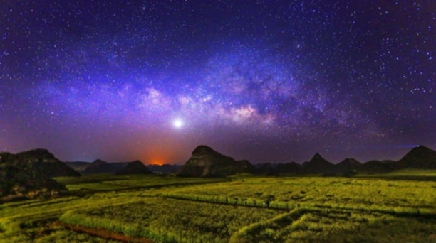 Winter galaxy over rapeseed flower field