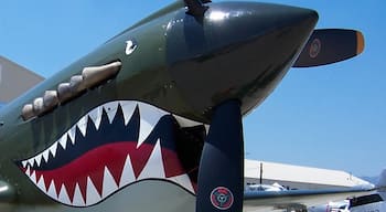 The shark-faced nose of a P-40 aircraft of the Flying Tigers on display at the airport. The Van Nuys Airport was Amelia Earhart's last stop before she vanished in the Pacific.