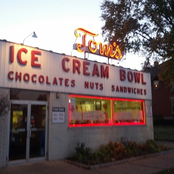 Tom's Ice Cream Bowl, serving ice cream, candy and sandwiches from this location since 1950. Their one, two or three-dip sundaes are served in a soup bowl. Hence, the name of the joint.