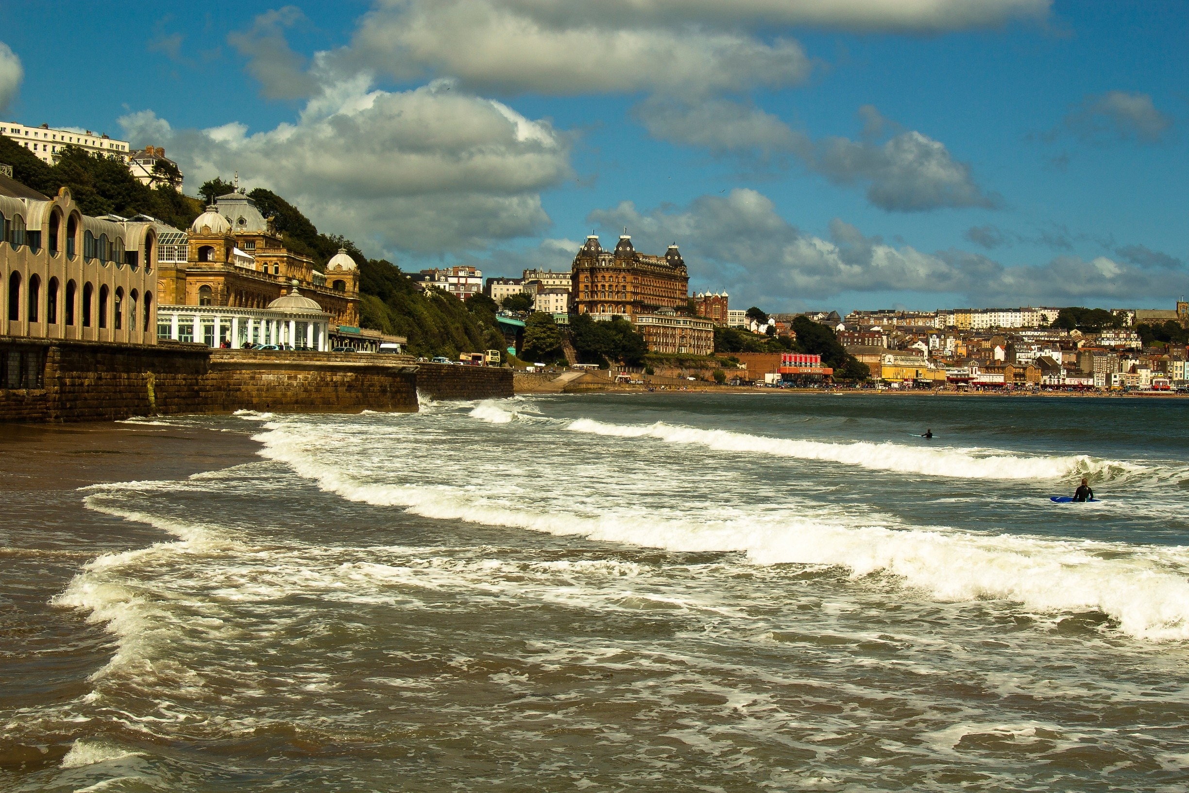 A shot taken from the beach in Scarborough south bay, the building on the left is the Spa Hall, the large building in the distance is the grand Hotel which is built on the seasons of the year. 
