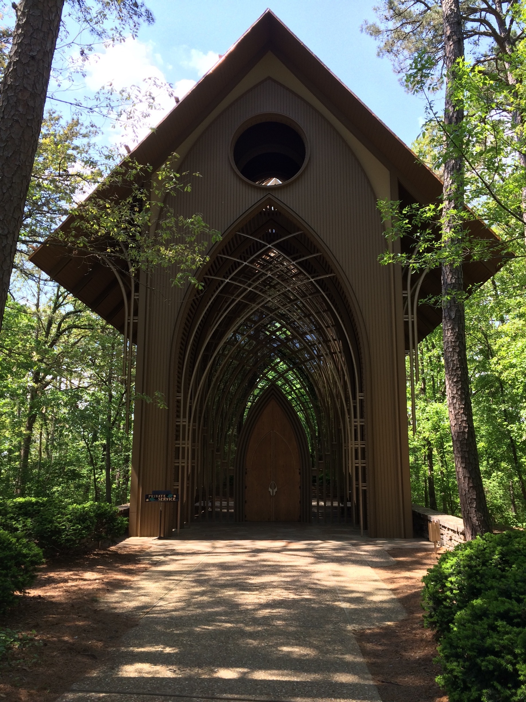 Beautiful chapel designed by Fay Jones, architect and University of Arkansas professor, who was a student of Frank Lloyd Wright.  He also designed the award-winning Thorncrown Chapel near Eureka Springs, AR.