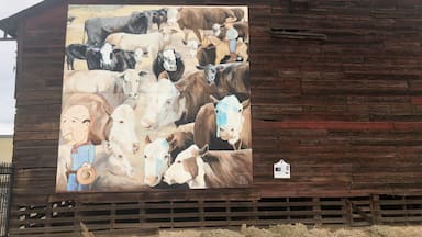 Mural done by a local 6th generation cattle rancher. The cowboys are meant to represent his uncle and father. The old wooden building really gives the mural some character!