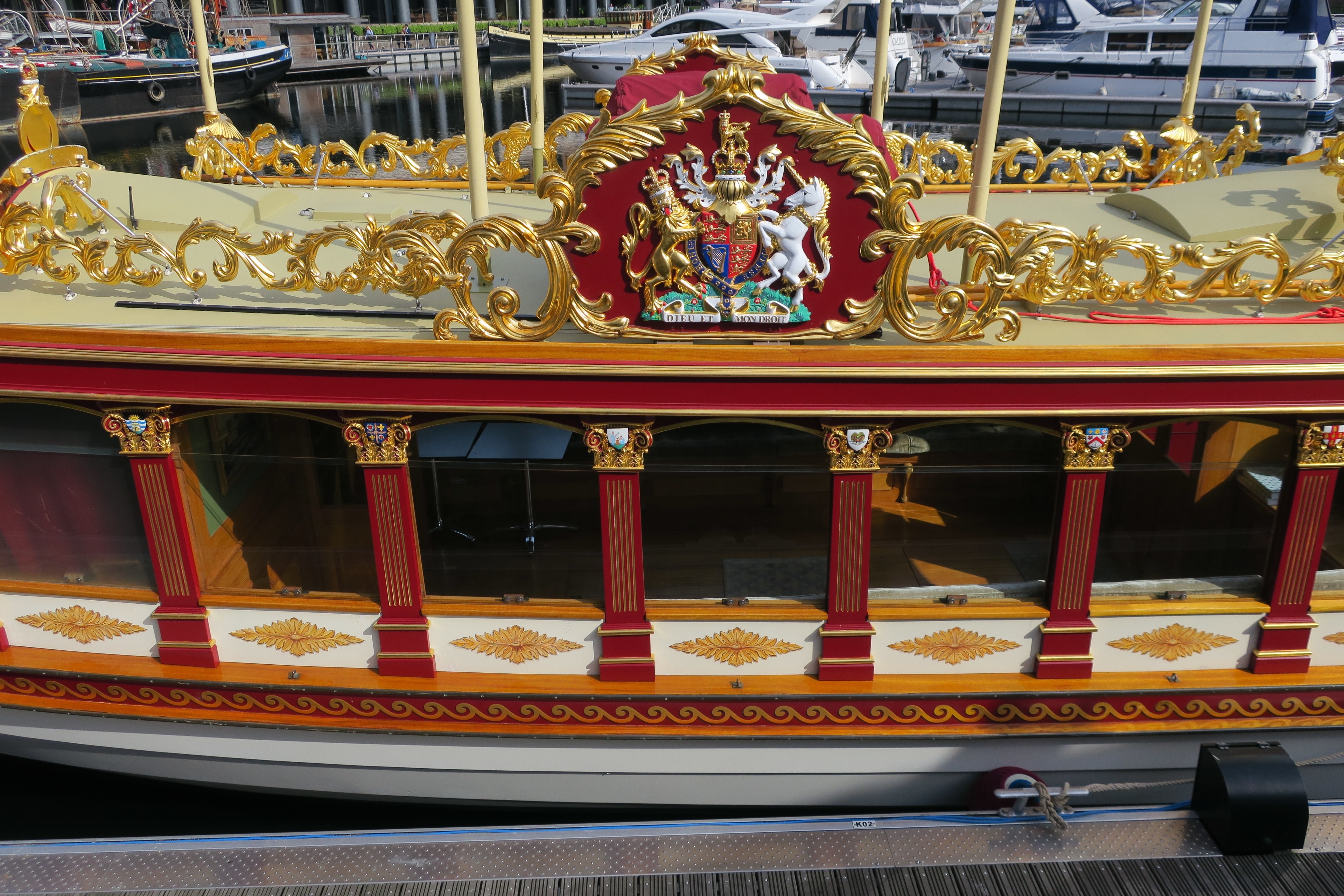The royal crest on the Queen's Barge at ST Katherine's Dock