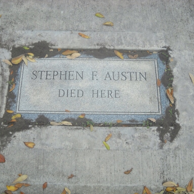 Hidden away down and old dirt road, under a majestic Texas flag, is the base foundation of a log cabin where Stephen F Austin died.