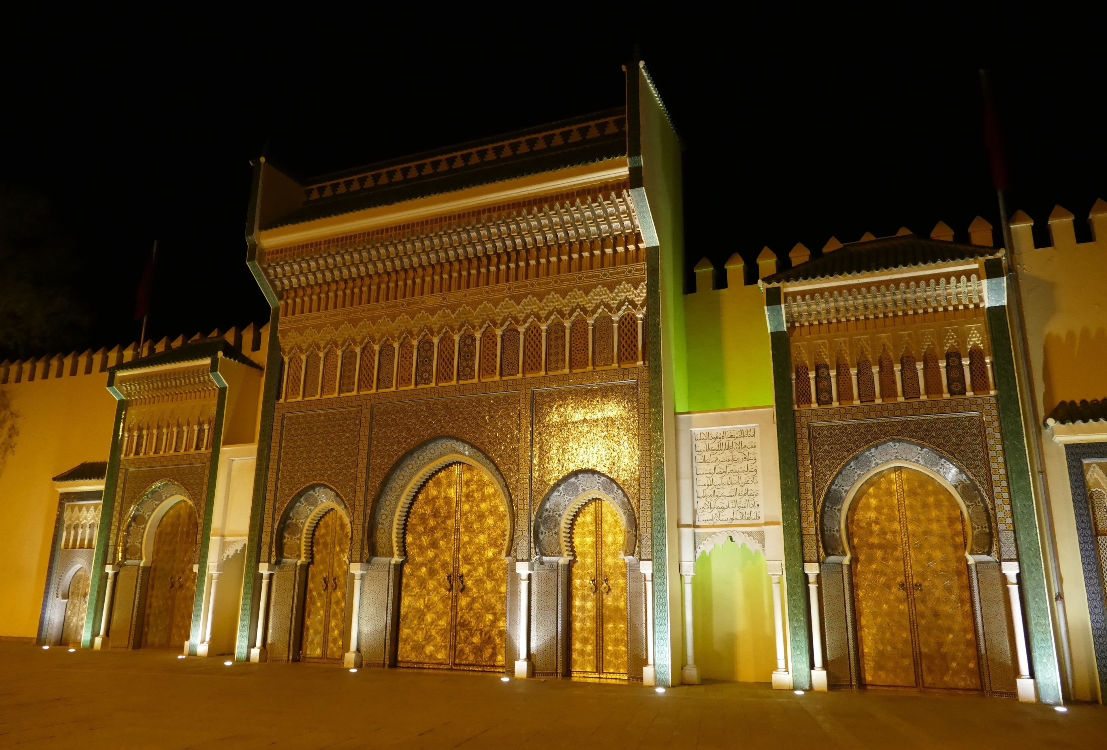 The seven gates at night.