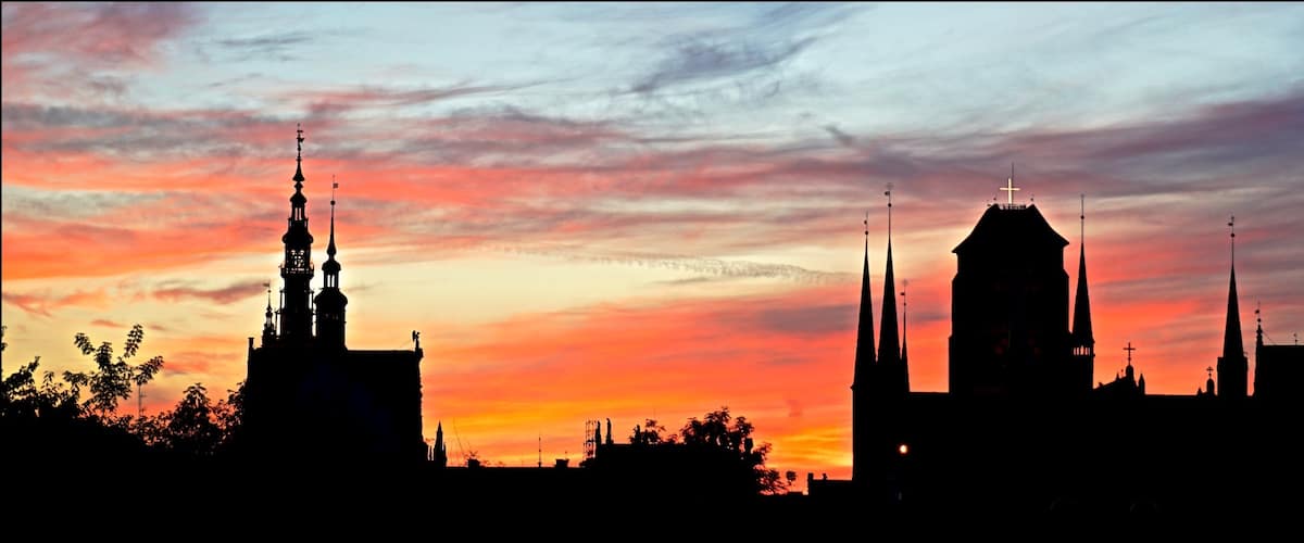 The silhouette of cathedrals during a beautiful sunset in the former free city of Danzig