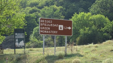 Street sign at the entrance to the Mtsvane Monastery outside of Borjomi, Georgia.

"Mtsvane" translates to "green" in the Georgian language.

This monastery is a short marshutka or taxi ride from central Borjomi - if you visit, I recommend walking the distance from here to the main monastery.  