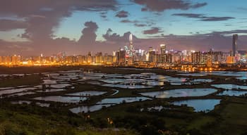 This is a great location for a sunset shoot contrasting fish farms in rural Hong Kong with the built up city of Shenzhen.

To get there you can take the 76K bus from either Yuen Long of Sheung Shui, get off at Ho Sheung Heung then take the green mini bus 51B from around the corner to Ma Tso Lung Shun Yee San Tsuen. From there it's a 150m hike up the old road to the former police post. The best spot is a hill just to the north of the police post.