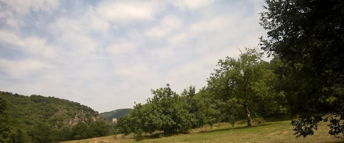 Driving down a dirt road, an old fortress called Kuhluti is visible in the distance.
View from rural Kvemo Kartli in the country of Georgia.