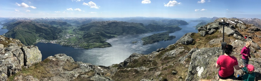 Panorama from Fløyen, Heileberget, 761 meters above sea level viewing Dalsfjorden towards the North sea.