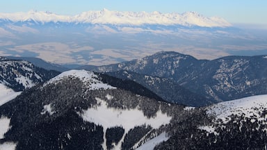 The Low Tatras in the foreground, High Tatras in the background and a wide valley in the middle. I definitely was high up to get this view :). I was on Mt. Chopok, which is at 2,024 m (6,640 ft) and is the 3rd highest peak of the Low Tatra Range. It's also inside the Low Tatras National Park. The views were truly breathtaking from there! This is absolutely one of my favorite views. And with the heat outside it's good to remember winter ;). 