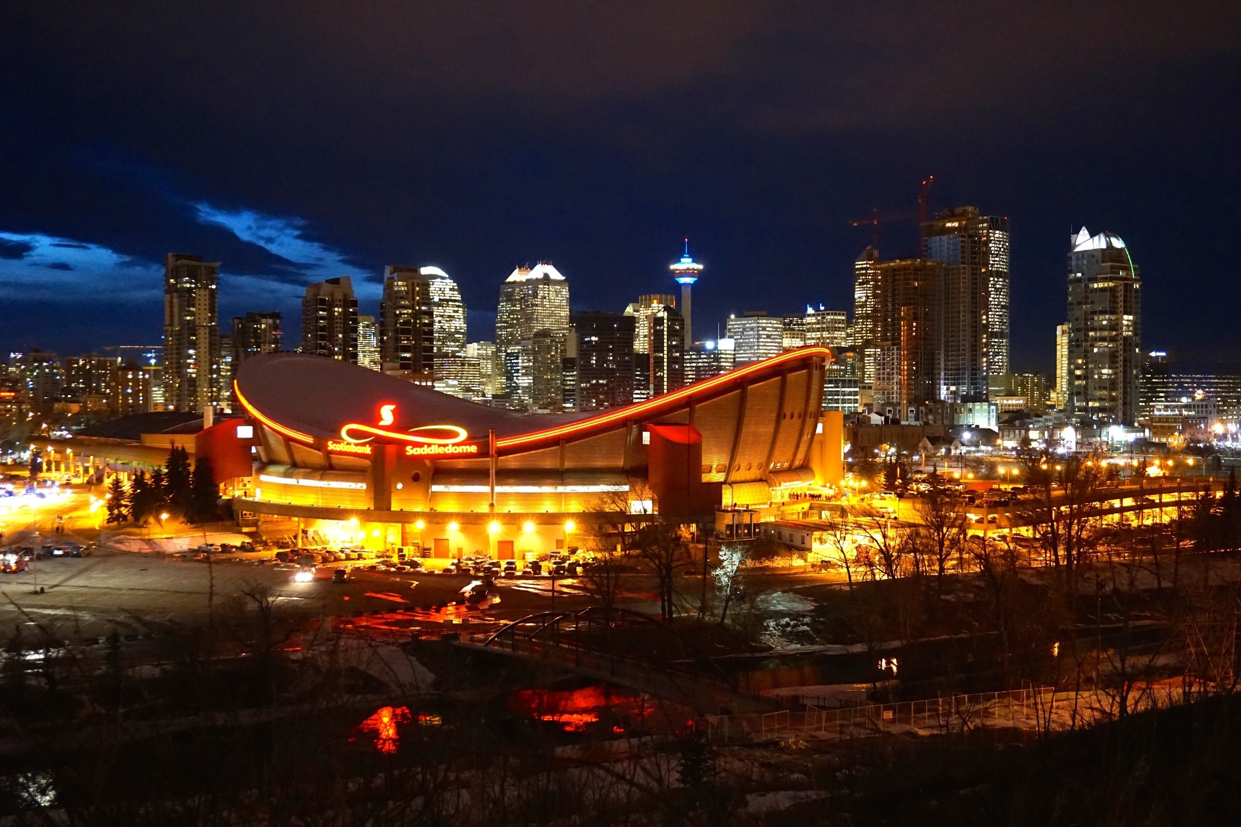 Saddledome Stadium And City Skyline At Sunset, Calgary, Alberta