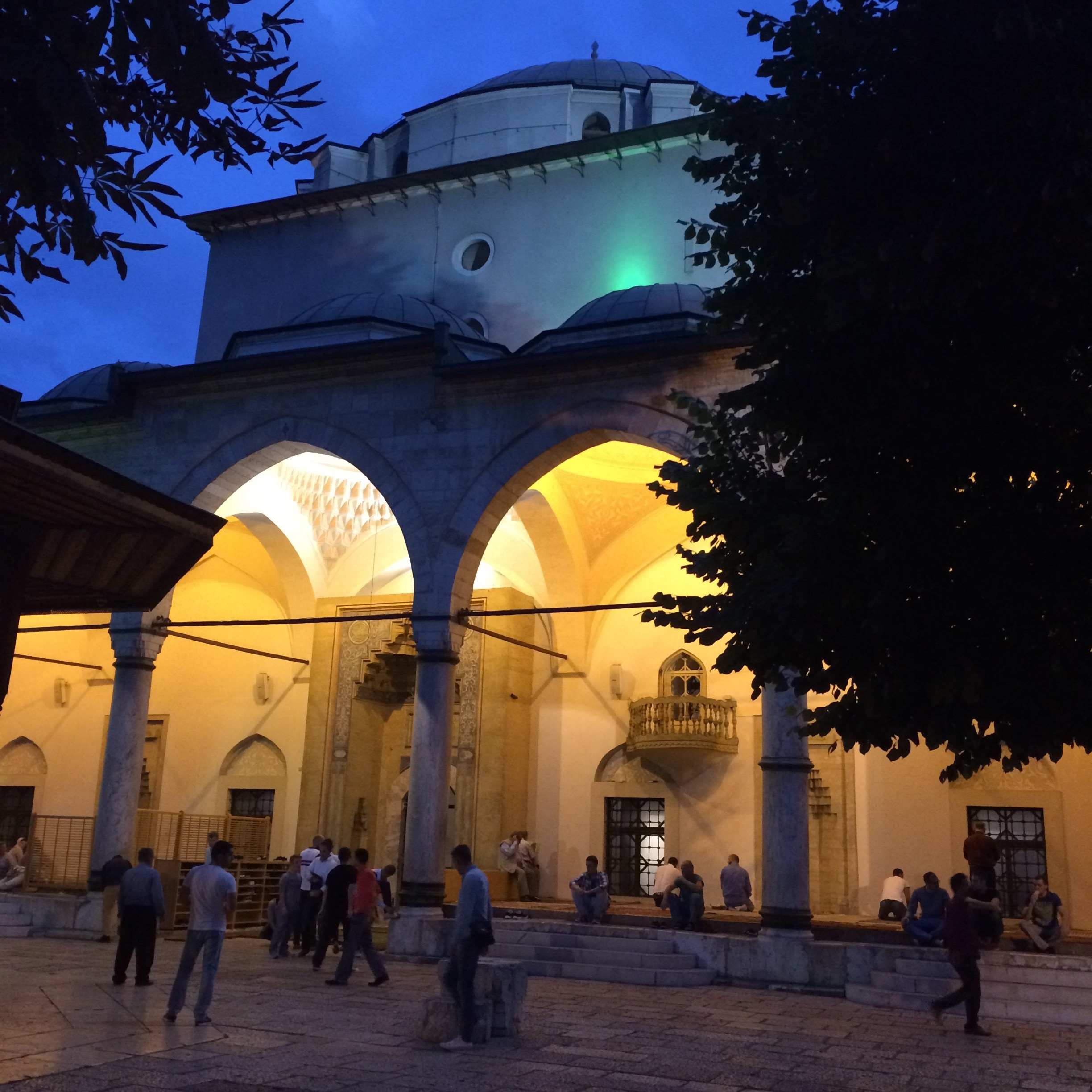 The Gazi Husrev-beg Mosque in Sarajevo at dusk. It is a tranquil break from the hustle of the rest of Old Town. 
