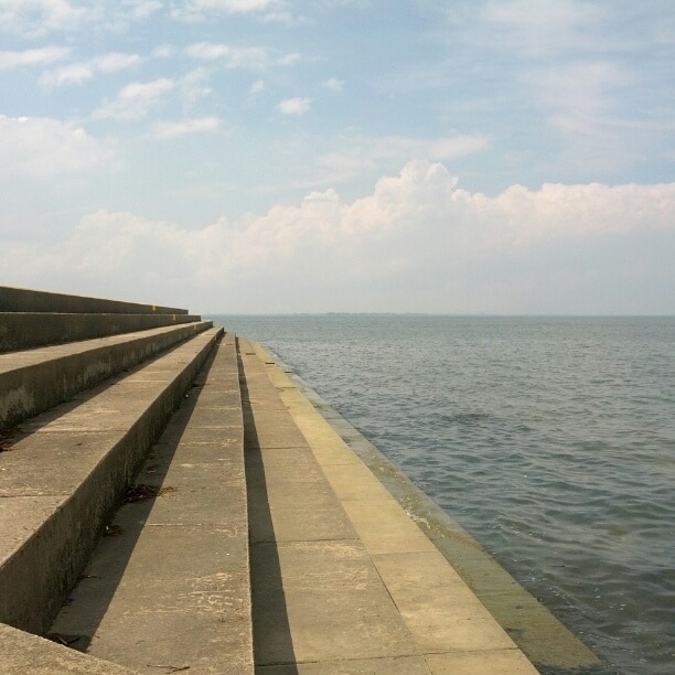 A view of the break wall behind the resort at Maumee Bay State Park looking out into Lake Erie, one of the Great Lakes.