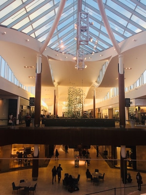 The sunset lights up the beautiful interior of the Natick Mall.