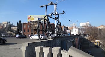 Large bicycle statue in the city of Tbilisi, Georgia.

This piece was done by a French artist named Jean Dupal. The newly elected mayor of Tbilisi vowed to have this structure removed as soon as possible. He claimed that the structure didn't fit in at all with the decrepit Soviet-era structures in the area.

After a considerable bit of protest on social media, plans to remove this structure look to have been delayed - though I wouldn't be surprised if this structure is removed in the middle of the night at some future point.