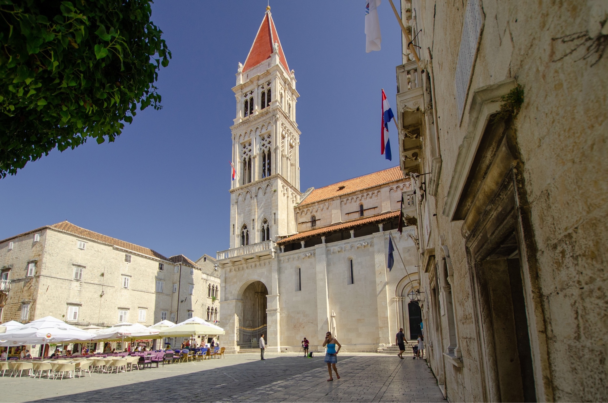 Cathedral of St. Lawrence, mostly completed in 1251; the bell tower construction began in the 14th century and completed in the 16th century.  It is located in the main town square by the Duke’s Palace, Loggia and Clock Tower.