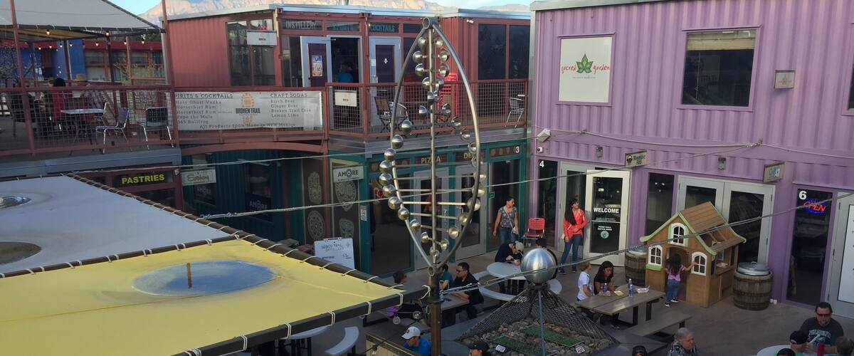 Rooftop view of the center of Green Jeans, a brewery and eatery made completely of recycled shopping containers. All good, beer, and art are locally made.