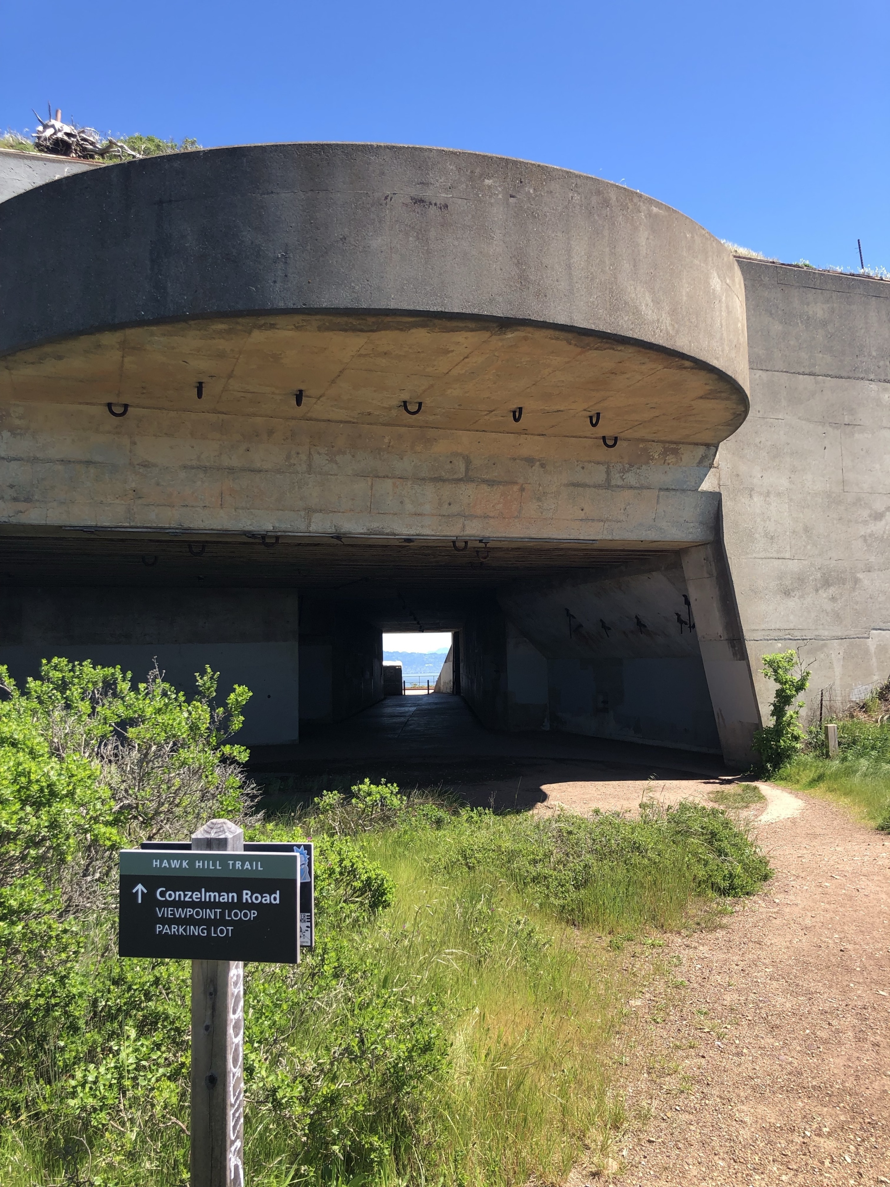 Remains of a gun battery that was built for the defense of San Francisco Bay during World War II. This area, located on the north side of the Golden Gate Bridge also has some of the best views of the bridge and City.