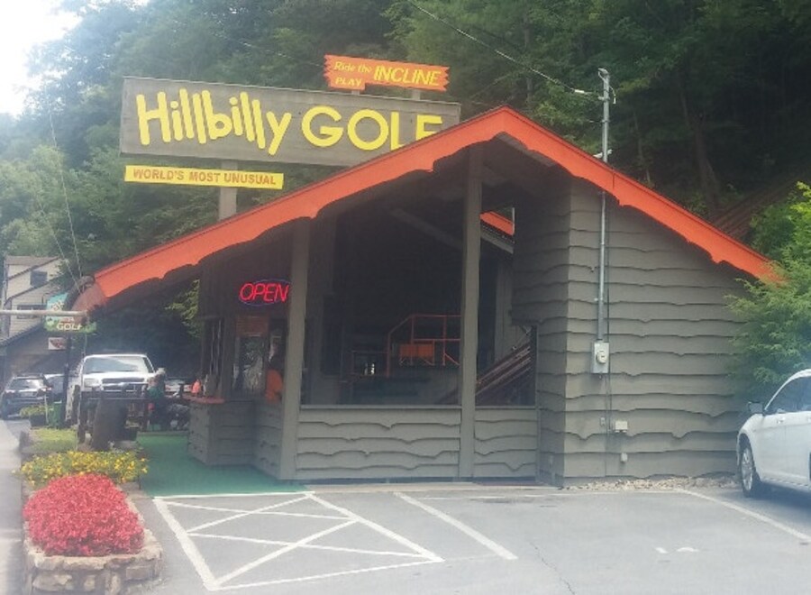 Entrance to Hillbilly Golf with Appalachian-themed design and scenic surroundings.