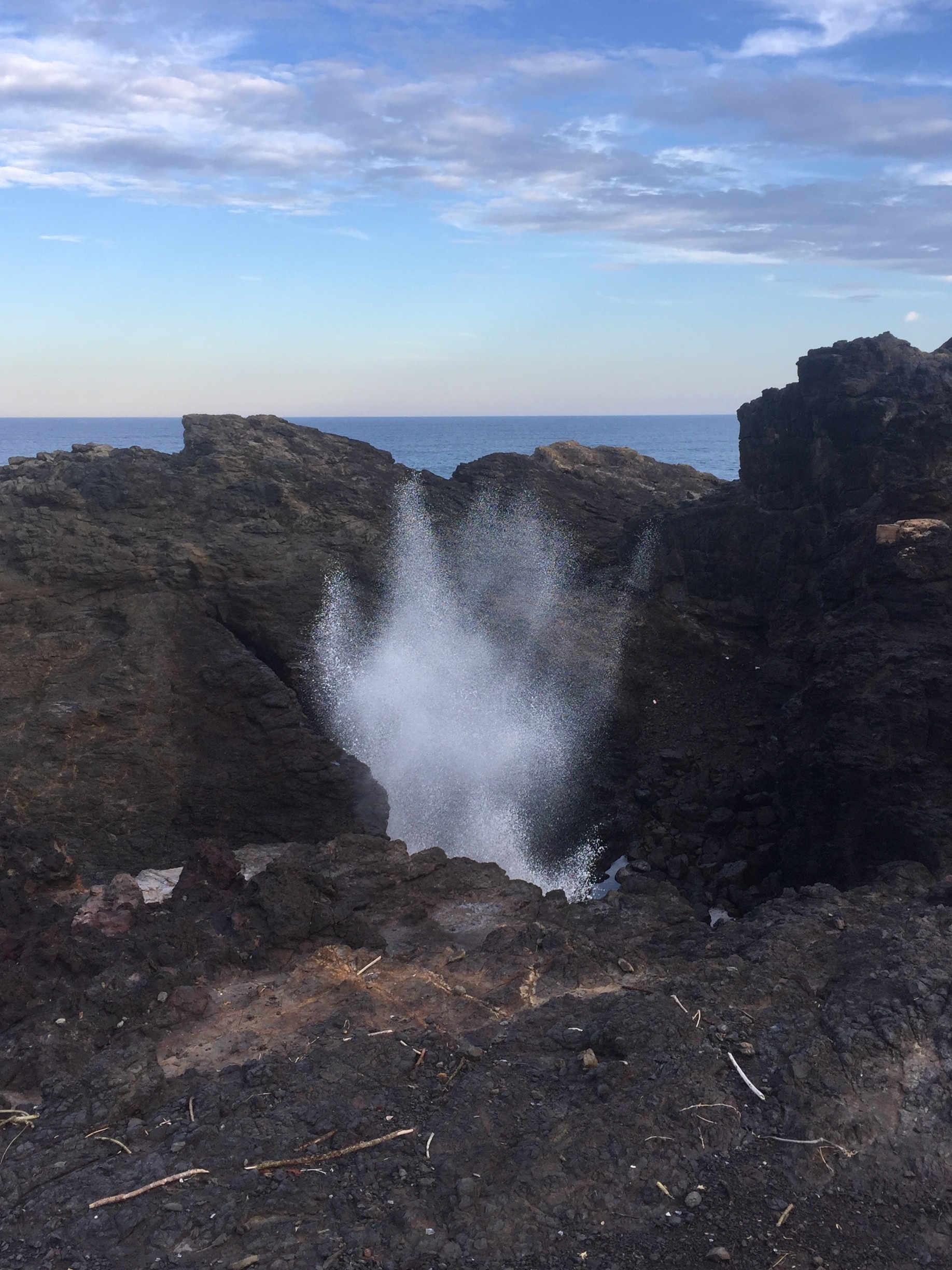 We had a lucky day today to witness this magnificent blow hole at kiama, near Sydney, Australia. The sea water gushes through this natural hole and erupts to dizzying heights, sometimes even splashing on us. 
Natures wonder.