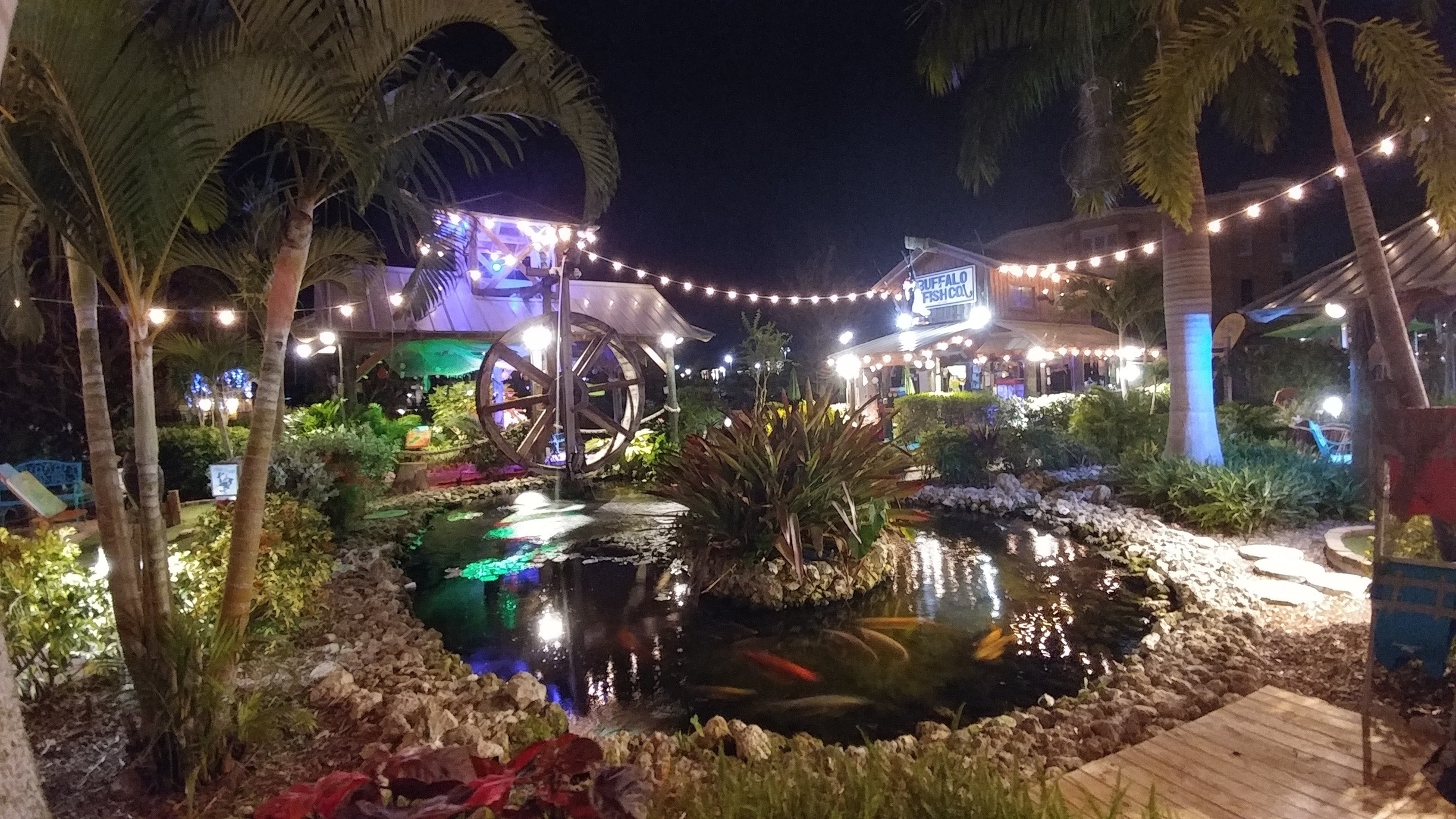 The Fish Hole at Lakewood Ranch is a fun and challenging 18 hole mini golf course with turtles, koi and informational signs about tropical plants and ocean fish.