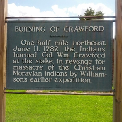 On June 11th 1782, Colonel William Crawford was tortured and burned at the stake by American Indians as a revenge tactic for the Gnadenhutten Massacre, where 96 American Indians were killed by American militia from Pennsylvania. This tiny roadside park has a small monument and two picnic pavilions, because nothing says family picnicking like vengeance fueled human sacrifice...