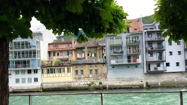 Walking along the river in thermal spa town of Baden Switzerland