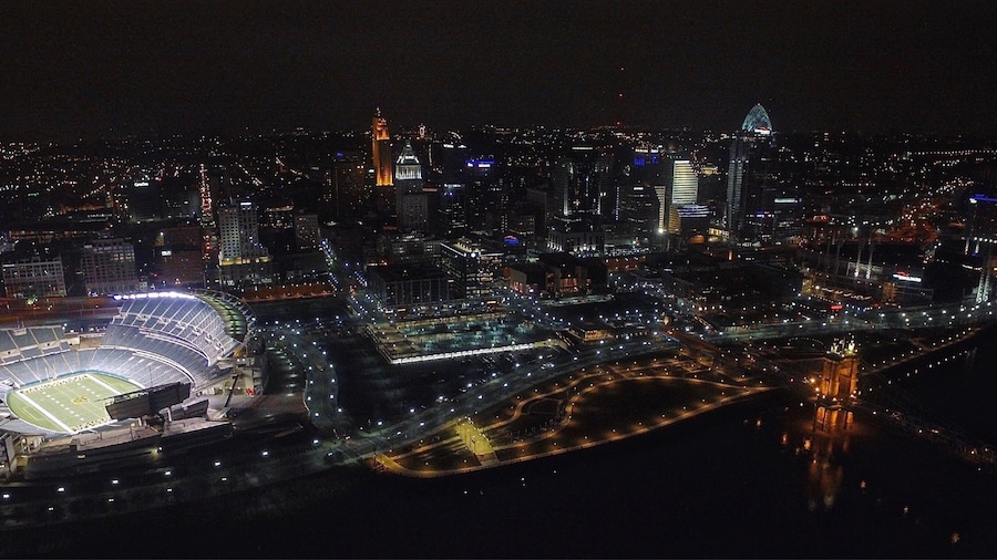 Drone shot of the stadium and Cincinnati
