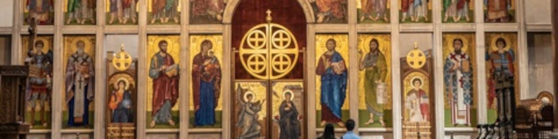 Alter and iconostasis of St Mark’s Church in Belgrade. Floor and  iconostatis frame are made from marble. The icons are mosaic.  The apolielei, ring holding candles, is made from copper. 
Though the church was built between 1931 and 1940 the interior is still not fully completed.