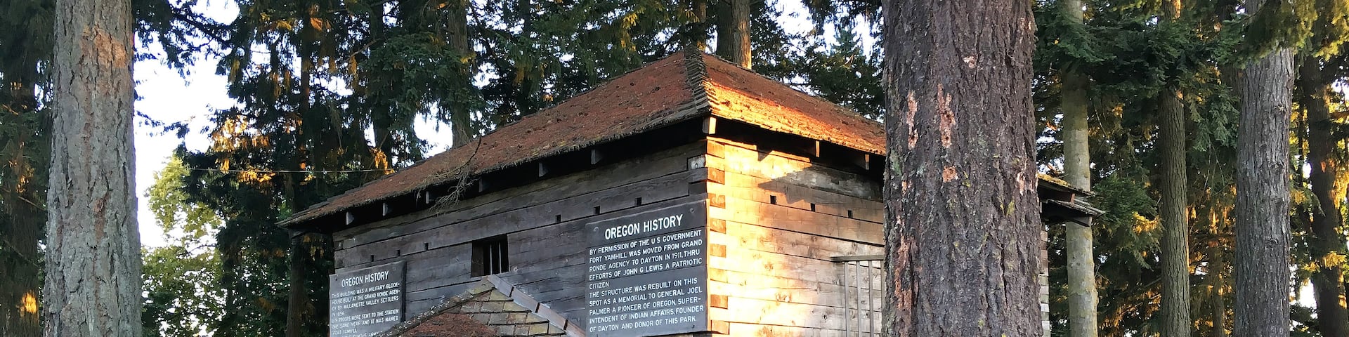 This blockhouse was originally part of Fort Yamhill from 1856-1866.  The eight-sided design made it easier to defend, as rifle ports could be placed every 45 degrees instead of every 90 degrees. 
In its later years the blockhouse was used as a jail before being rescued and relocated to Dayton in 1911.