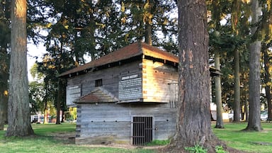 This blockhouse was originally part of Fort Yamhill from 1856-1866.  The eight-sided design made it easier to defend, as rifle ports could be placed every 45 degrees instead of every 90 degrees. 

In its later years the blockhouse was used as a jail before being rescued and relocated to Dayton in 1911.