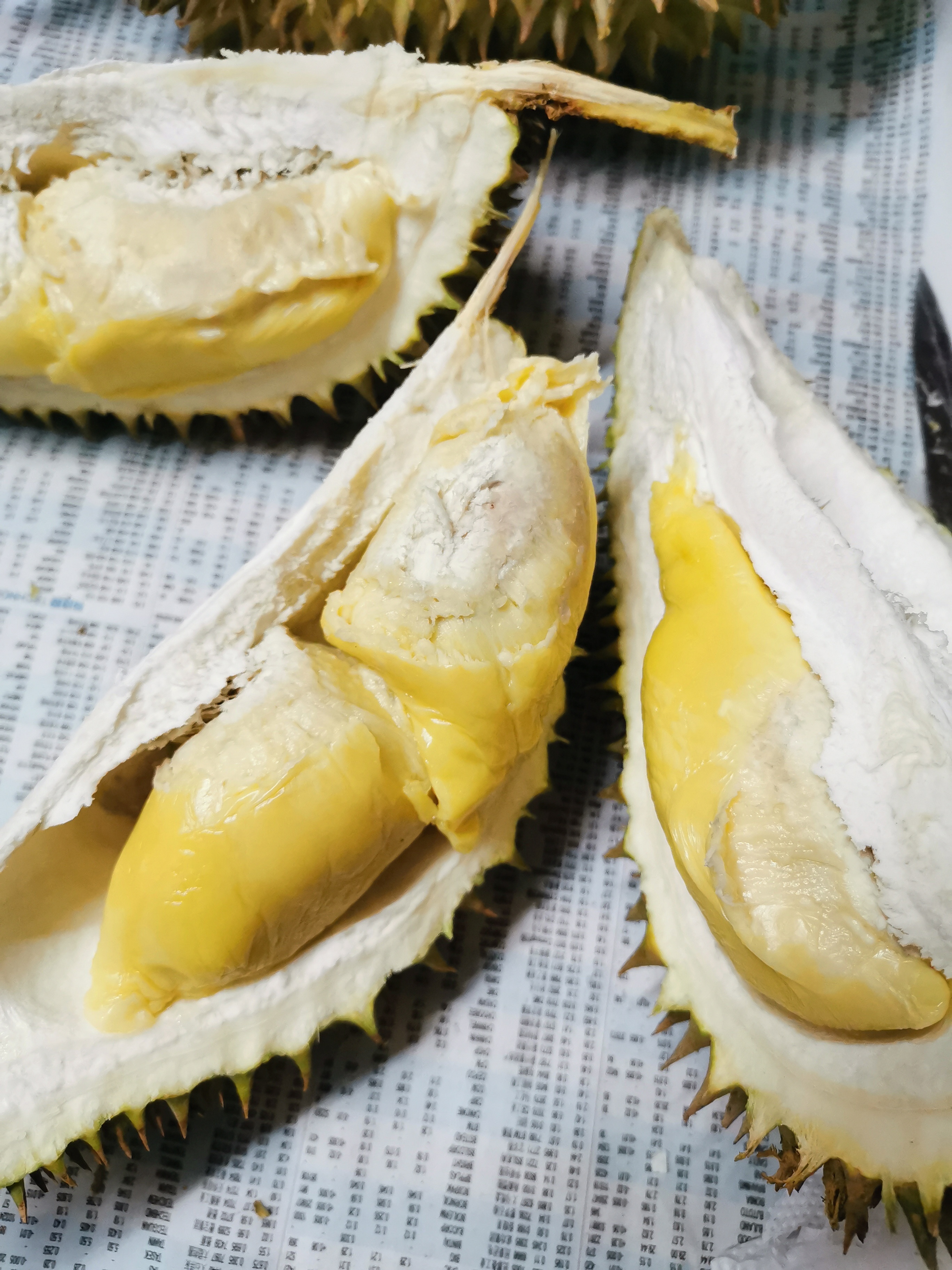 The king of fruits. Durian. The pudding-like flesh is smooth and creamy with sweet and a slight bitter taste. Some may hate it as the smell is overpowering but some find it very addictive.