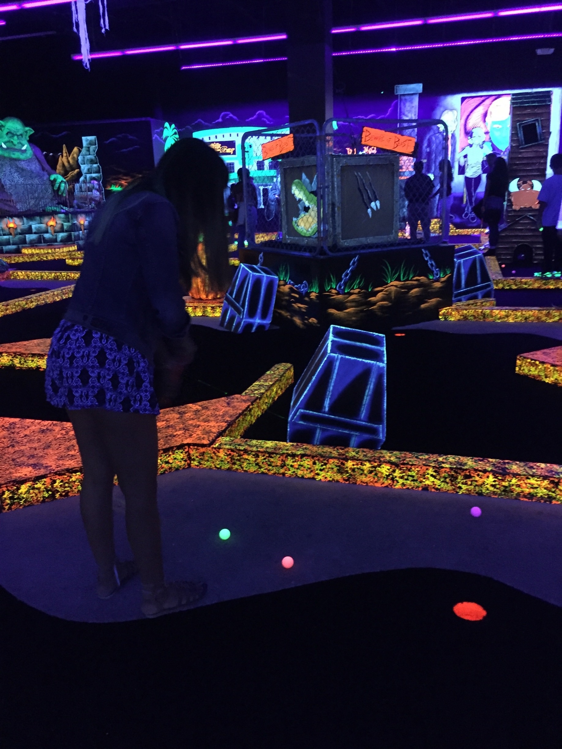 Monster mini golf is an indoor glow-in-the-dark miniature golf place and it's appropriate for everyone of all ages! This place was super fun, and very inexpensive. 