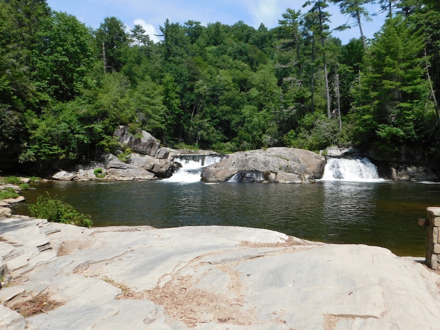 Linville Falls. beginning in a twin set of upper falls, moving down a small gorge, and culminating in a high-volume 45-foot drop.