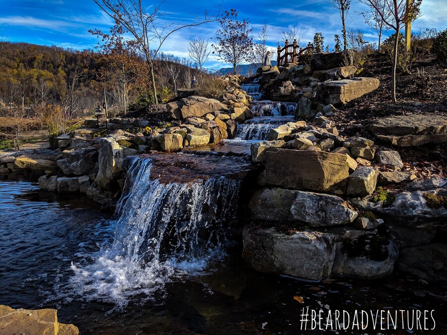 Anakeesta's scenic gardens with cascading waterfalls and Smoky Mountain views.