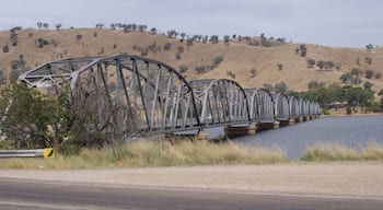 Bethanga Bridge built in 1930 leading to the town of Bellbridge in Victoria Australia.
Water level in Hume Weir is high. The concrete foundations are quite high. See other photo by traveller LesleyHC.