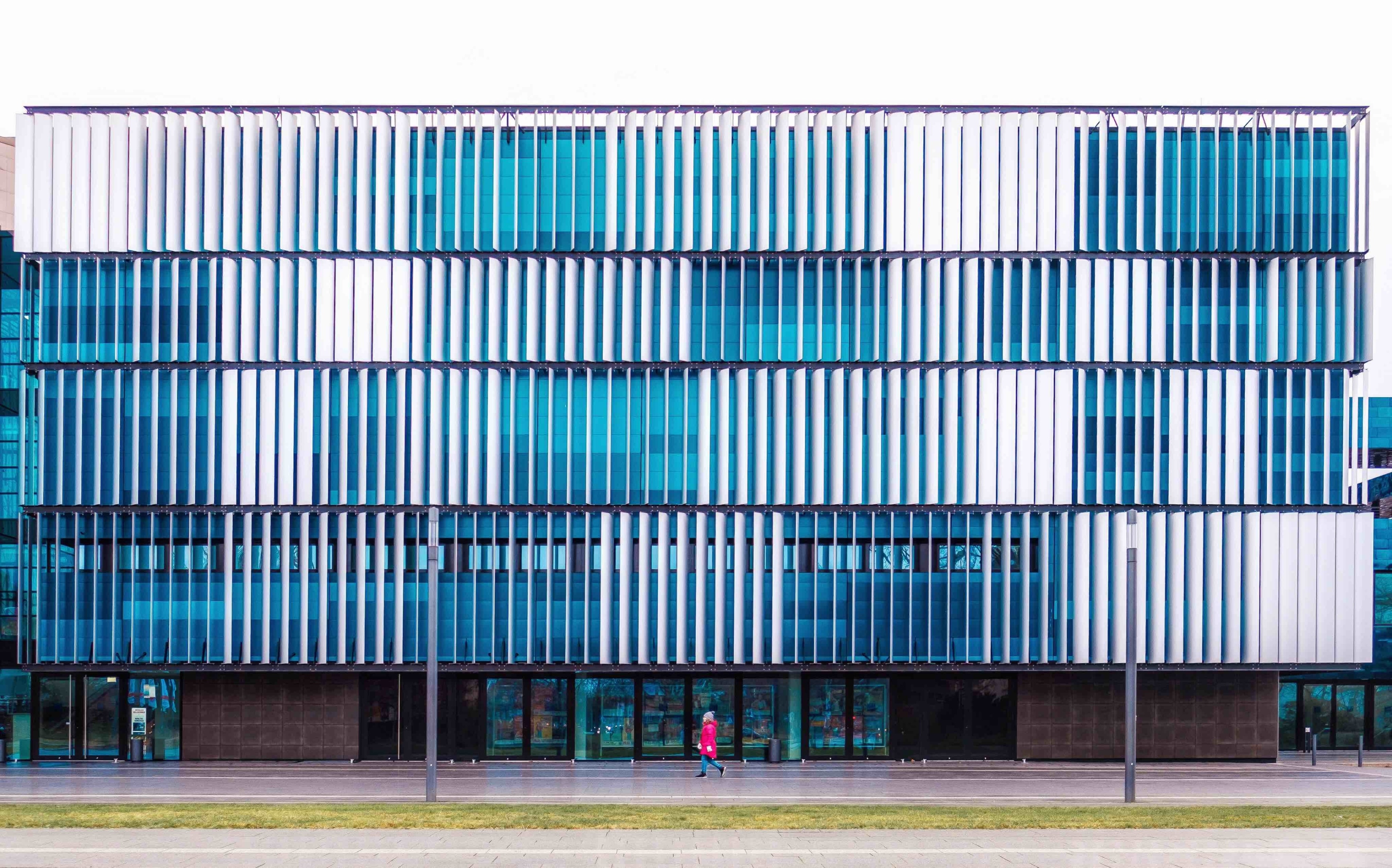 The exterior of the Rhein Mose Halle has a nice white and blue pattern. Interesting for #architecture photography