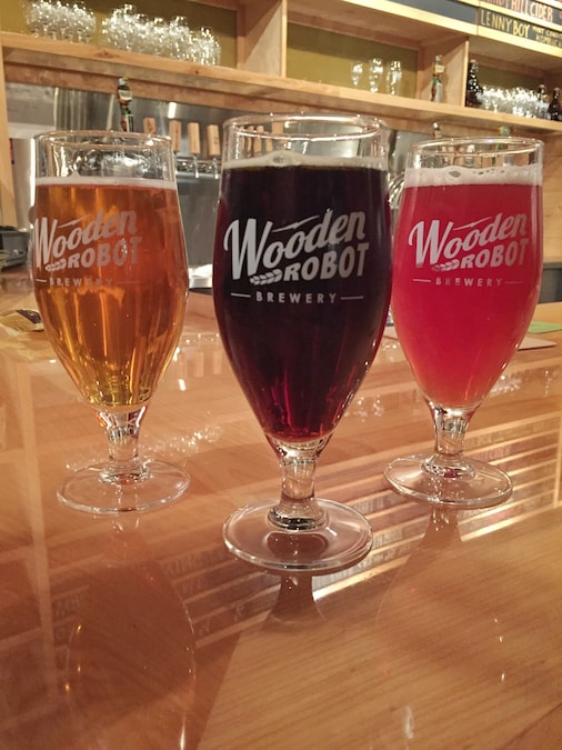 Craft beer glasses at a brewery in South End, Charlotte, North Carolina.