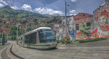 Medellín has really figured out public transportation. This is the tranvia, one of the city's newest lines. For less than a dollar it will take you smoothly and quietly into the eastern part of the city. From there you can take a cable car into the hills, or walk back past some amazing street art. 