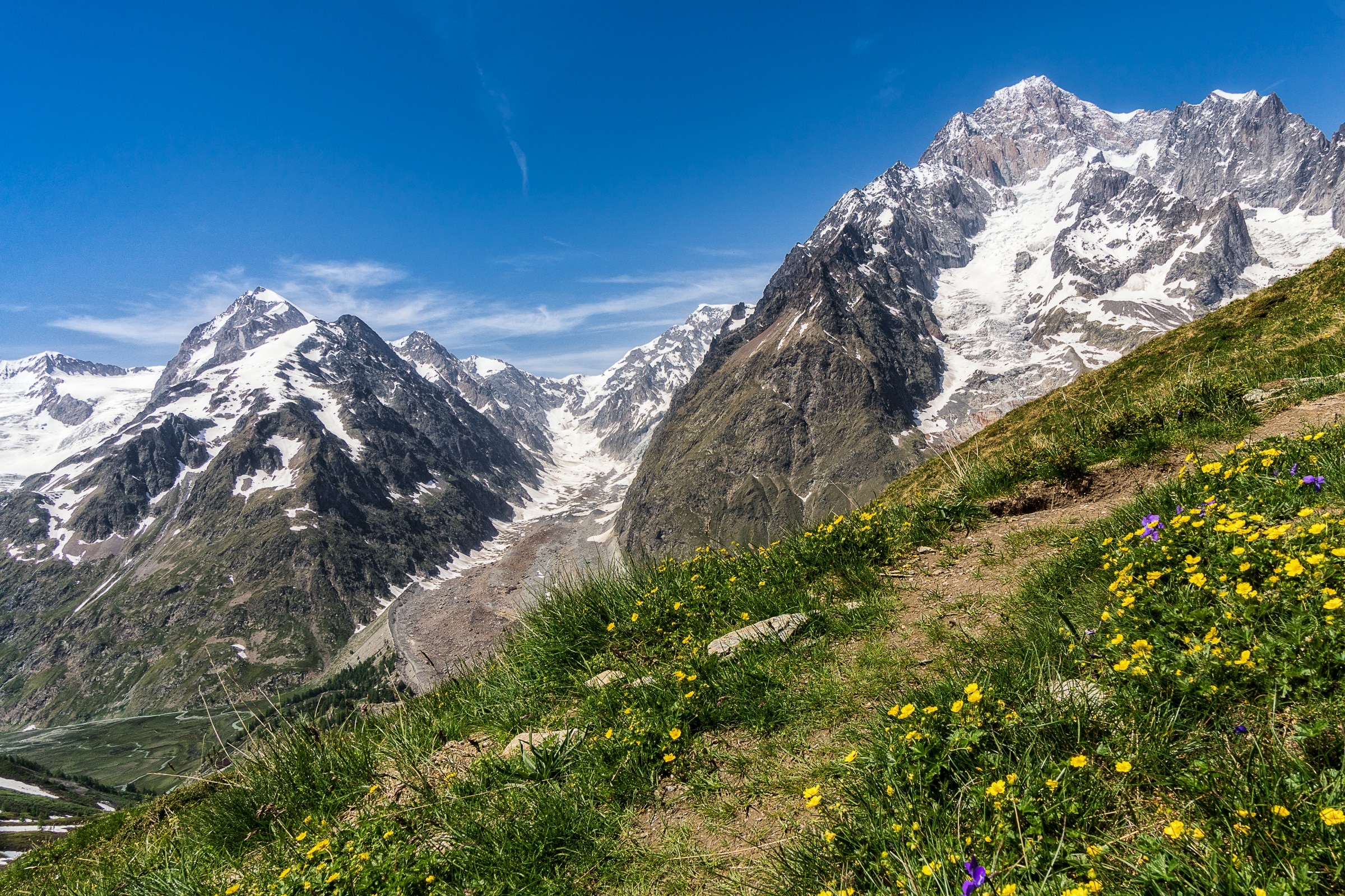 View of the Massif du Mont Blanc en route to Col Chercroui on the Tour du Mont Blanc. This section of the trail offers some of the best unobstructed views of the entire circuit. 