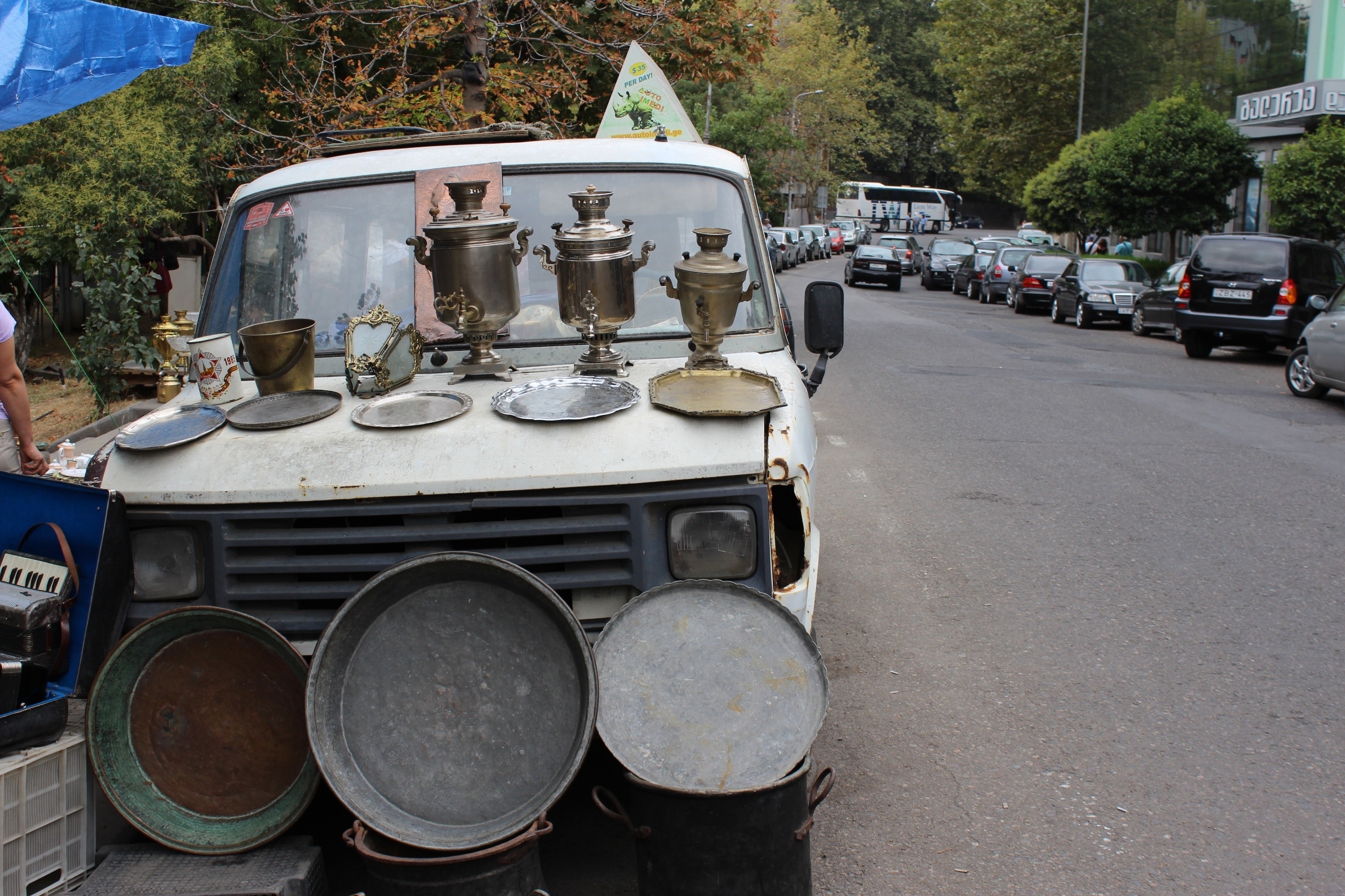 Soviet-era samovars for sale in the Georgian capital of Tbilisi. 

View from the Dry Bridge Market area of the city. 