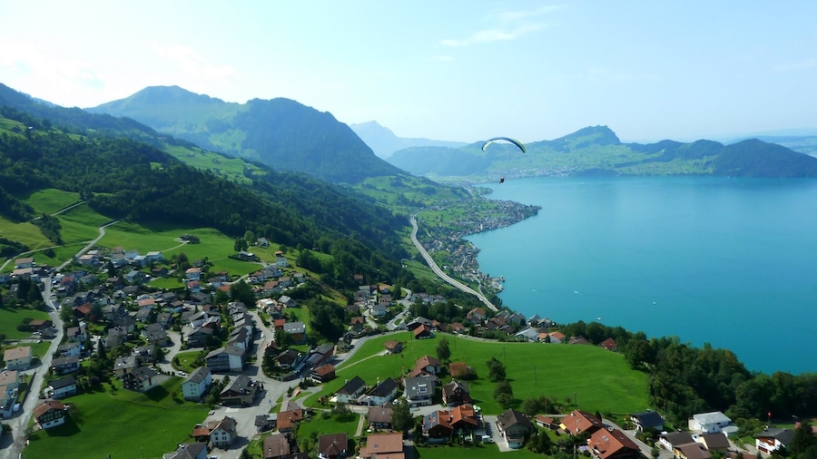 #LifeAtExpediaGroup Lake Lucerne and Emmetten below looking for our landing spot after a wonderful paragliding flight. Perhaps the best way to get up and above the mountains. If you ever have the chance to experience paragliding go for it.