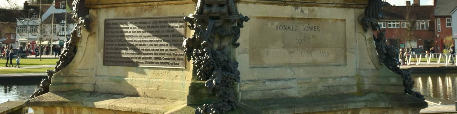 The Gower memorial - This is situated in Bancroft gardens and features William Shakespeare seated at the acme overlooking figures of his literary characters featured in some of his plays.
Prince Hal, Lady Mc Beth, Hamlet and Falstaff and represent Philosophy, Tragedy, History and Comedy.
The memorial was presented to the town of Stratford in 1888 by Lord Ronald Sutherland Gower.