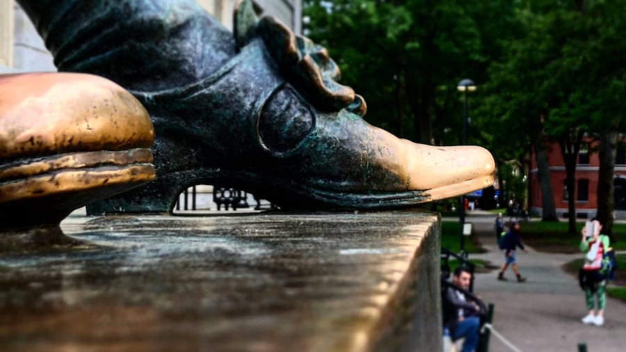 Rub the left foot for luck on John Harvard’s statue in Harvard Yard in Cambridge, MA. You won’t be alone- the bronze shoe is shined bright by all those who pass by for a touch.
#boston #cambridge #cambridgema #travelblog